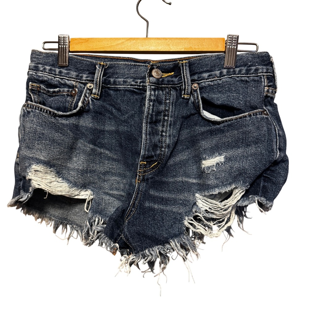 We The Free People Distressed Denim Shorts Dark Wash Frayed Hem Size 26